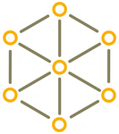 Six yellow circles arranged in a circle and a seventh circle in the middle are connected by lines and form a network.
