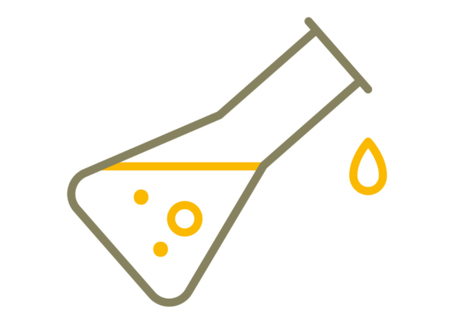 Simplified graphical representation of a tilted Erlenmeyer flask filled with liquid. A drop falls outside the vessel.