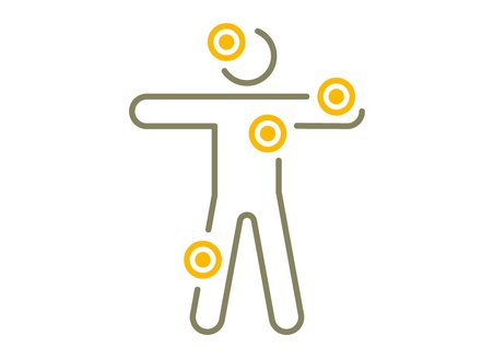 Simplified graphical representation of a person with marked points on head, arm, armpit and knee