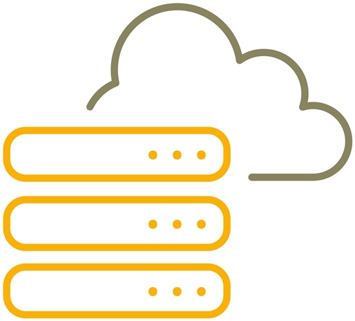 Simplified graphical representation of a cloud; to the left of it are three text boxes stacked on top of each other.