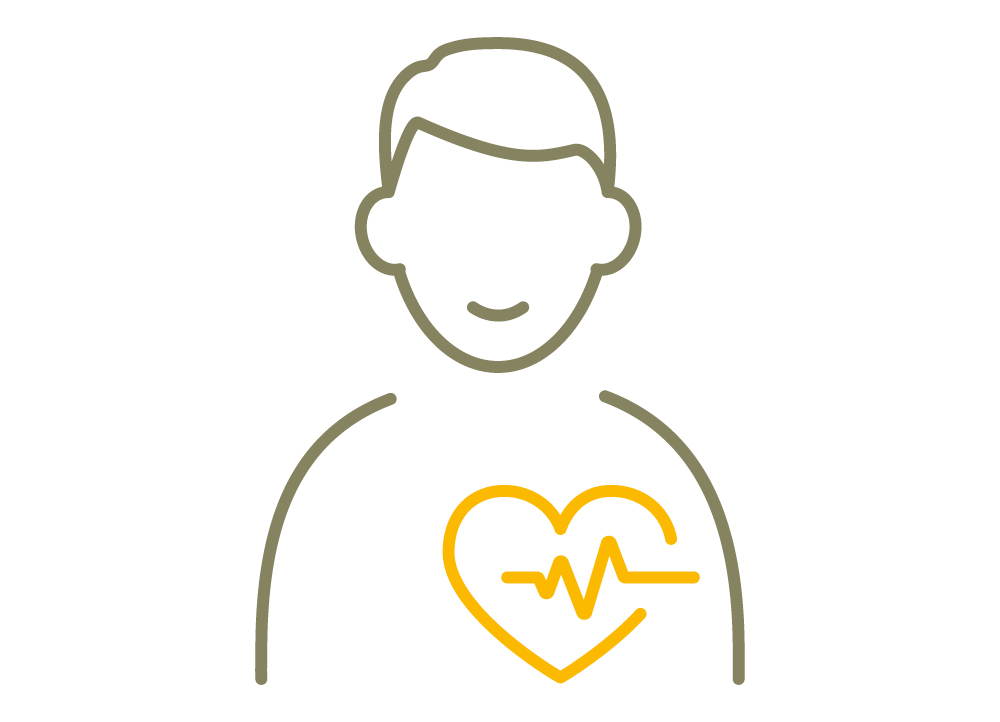 Simplified graphic representation of a man and his heart. The heartbeat is symbolized by a heart-rhythm line.