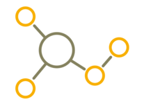 Vereinfachte grafische Darstellung einer chemischen Verbindung aus einem größeren Atom und vier kleineren Atomen, die durch Linien miteinander verbunden sind.