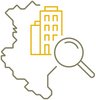 Simple graphical representation of a map of Saxony-Anhalt with a building and a zoom lens.
