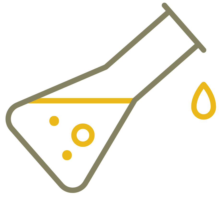 Simple graphic representation of an Erlenmeyer flask tilted at an angle from which a drop of liquid drips.